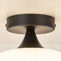 Ronde plafondlamp retro zwart met wit glas><noscript><img width=