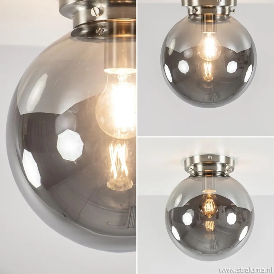 Ronde plafondlamp smokey glas met nikkel>Straluma Online