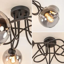 Sierlijke plafondlamp zwart met smoke glazen bollen><noscript><img width=
