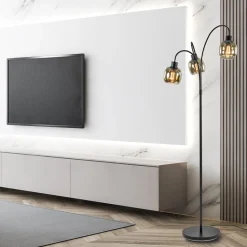 Sierlijke vloerlamp mat zwart met smoke glazen kappen><noscript><img width=