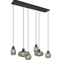 Stijlvolle 6-lichts eettafelhanglamp zwart met smoke glas>Straluma Clearance