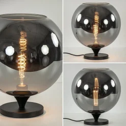 Stijlvolle tafellamp zwart met smoke/titanium glazen bol><noscript><img width=