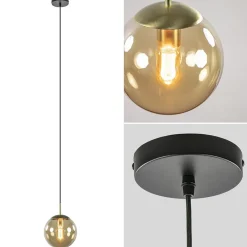 Strak klassieke hanglamp amber glas met messing 20 cm>Straluma Discount