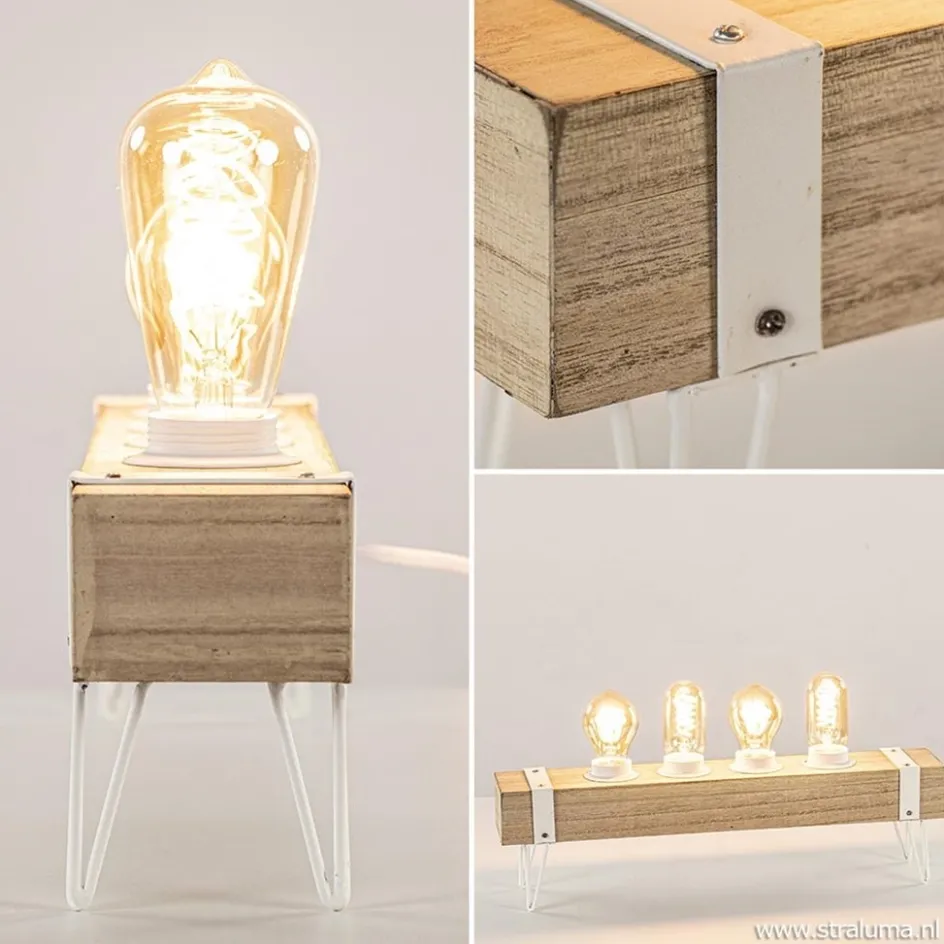 Tafellamp houten balk met witte pootjes 4-lichts exclusief lichtbron>Straluma Discount