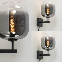 Trendy wandlamp zwart met smoke glazen kap en snoer><noscript><img width=