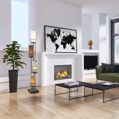 Vloerlamp 4L zwart + cilinder kappen bruin><noscript><img width=