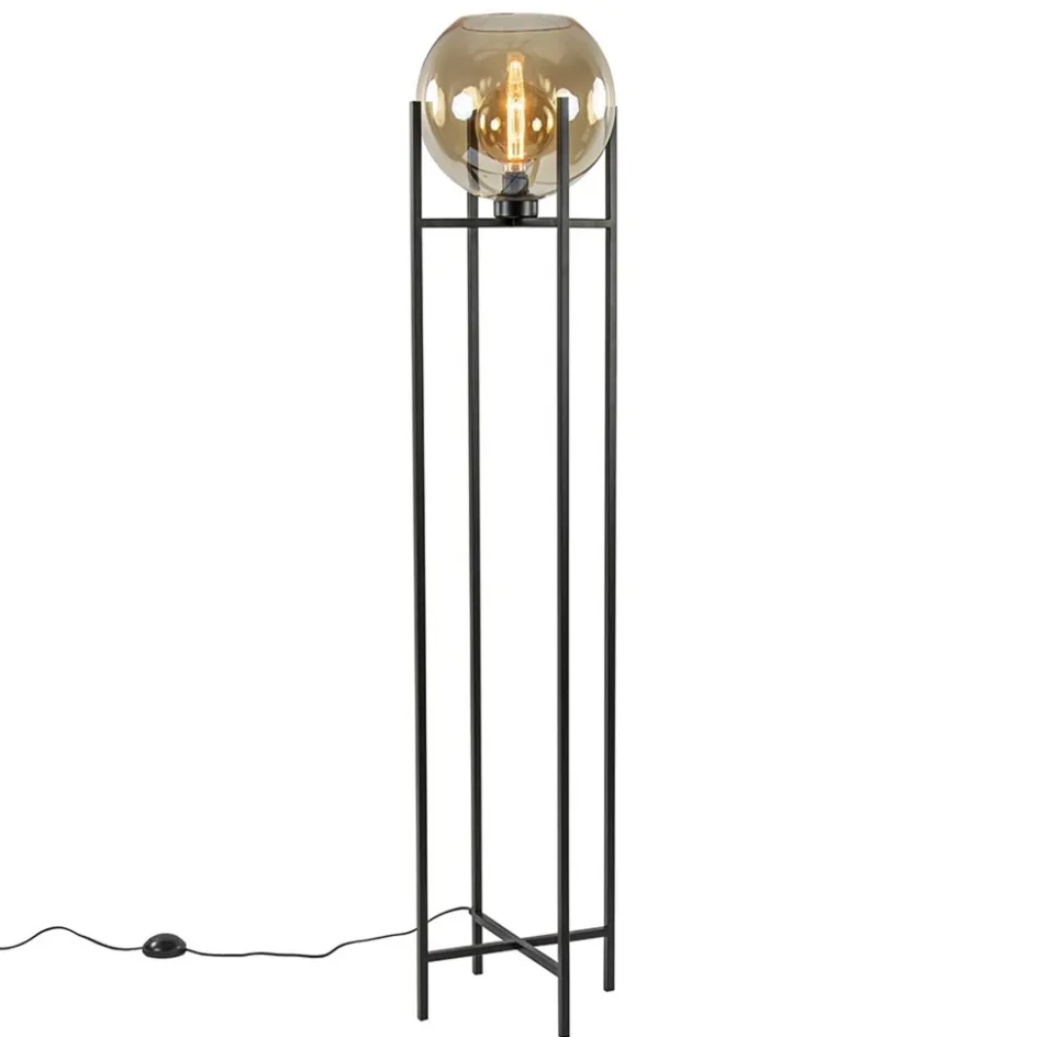 Vloerlamp zwart + amber glazen bol>Straluma Outlet