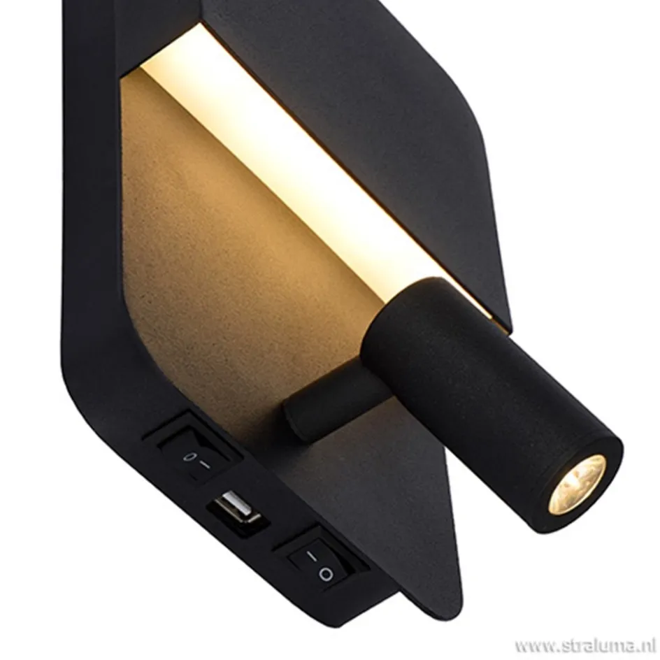Wandlamp zwart + leesspot en usb>Straluma New