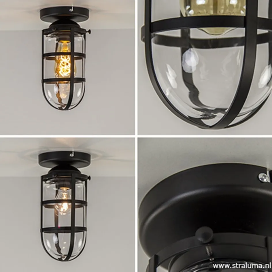 Zwarte Kooi- plafondlamp met glas>Straluma Outlet